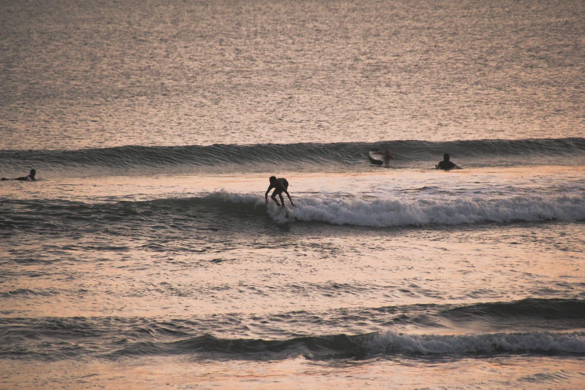 Surfers in the water at sunset