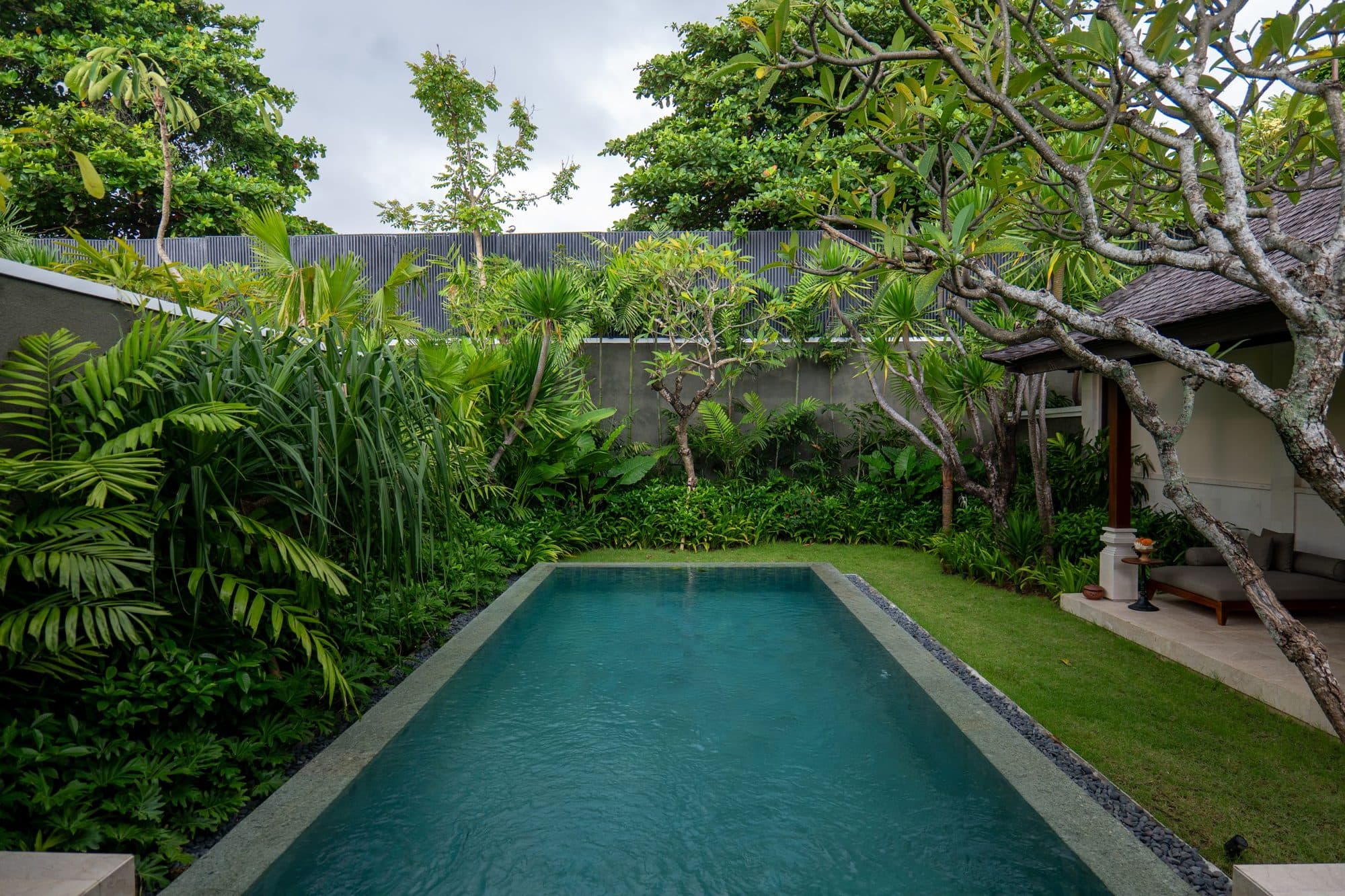 A villa pool surrounded by tropical greenery in Bali