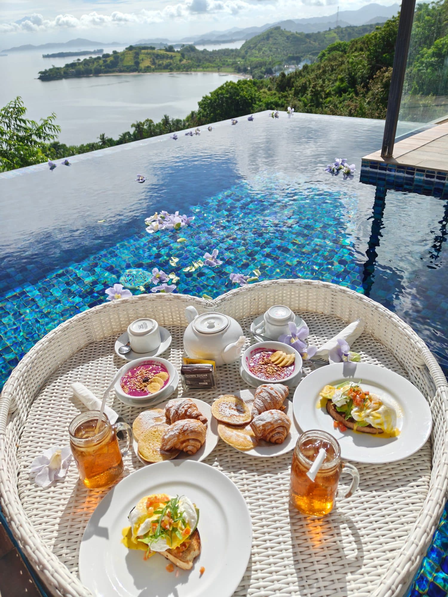 A floating breakfast spread seen from above